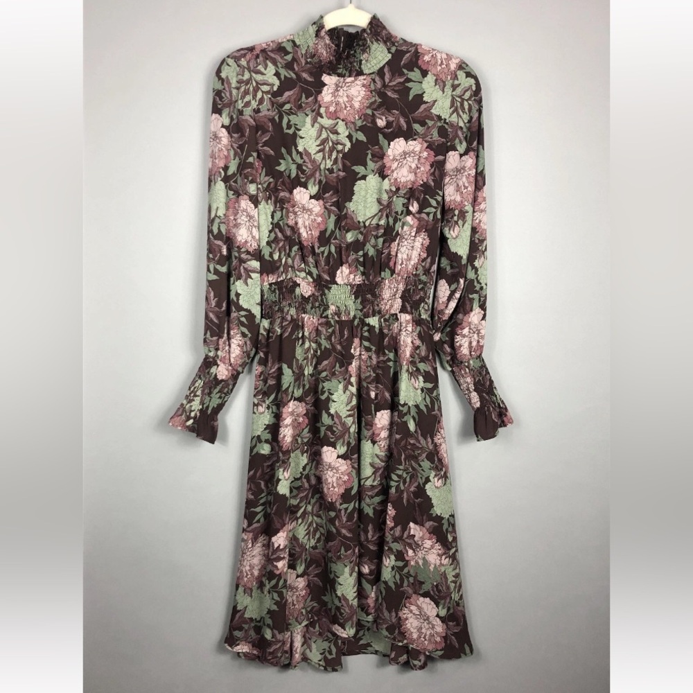 Nanette Lepore Smocked Midi Dress 6 Maroon Green Floral Modest Pullover Holiday